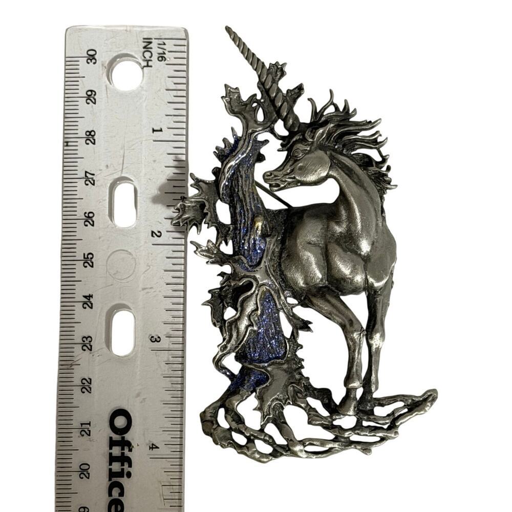 JJ Vintage Unicorn Pewter Brooch Blue Enamel Fantasy Statement Pin - Picture 6 of 11